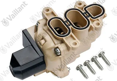 Vaillant Vorrangumschaltventil in beige mit sensibler Steuerungseinheit und vier Montage-Schrauben.